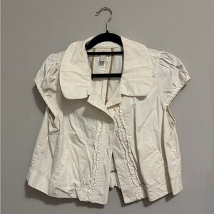 LOFT Cream Short Sleeve Cotton Button-Front Jacket with Ruffle Trim